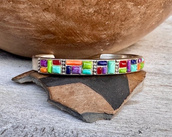 Vintage Sterling Silver Multicolor Cuff Bracelet Approx Size 6.25, Multicolor Jewelry