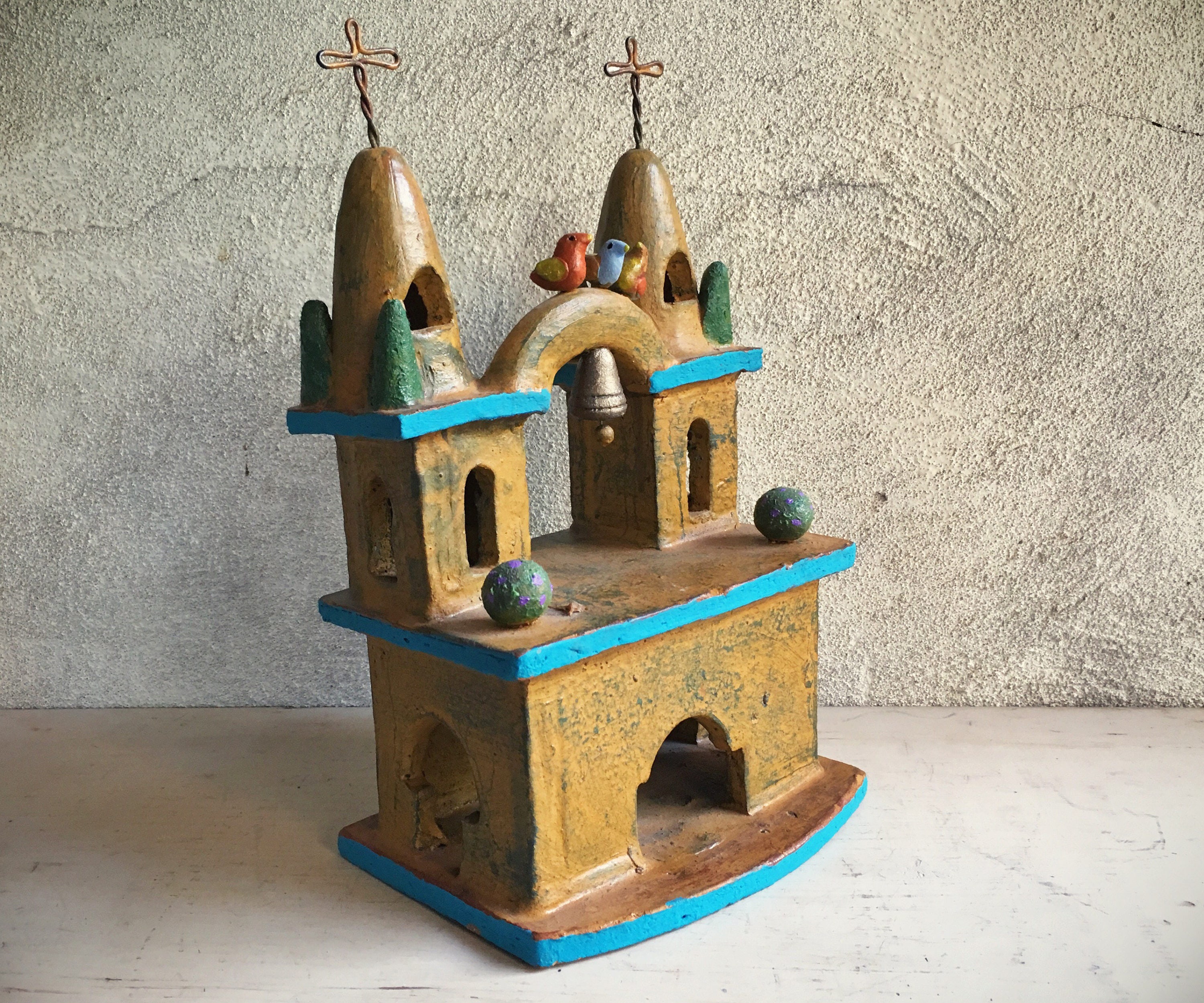 Mexican pottery folk art church with bell and birds primitive