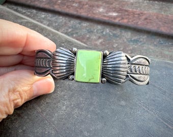 Vintage Green Gaspeite Single Stone Bracelet Size 6+, Revival Style, Signed Navajo Jewelry