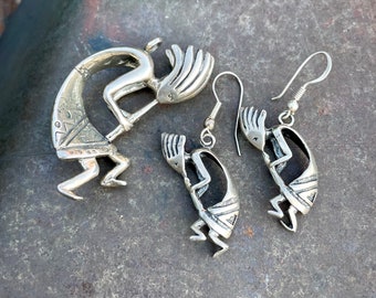 Vintage Sterling Silver Pendant of Kokopelli Flute Player w/ Matching Dangle Earrings Jewelry Set