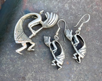 Vintage Sterling Silver Pendant of Kokopelli Flute Player w/  Matching Earrings, Jewelry Set