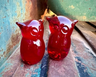 Pair of Vintage Hand Blown Red Glass Wise Owl Paperweight Figurines, Midcentury Decor, Gift Men