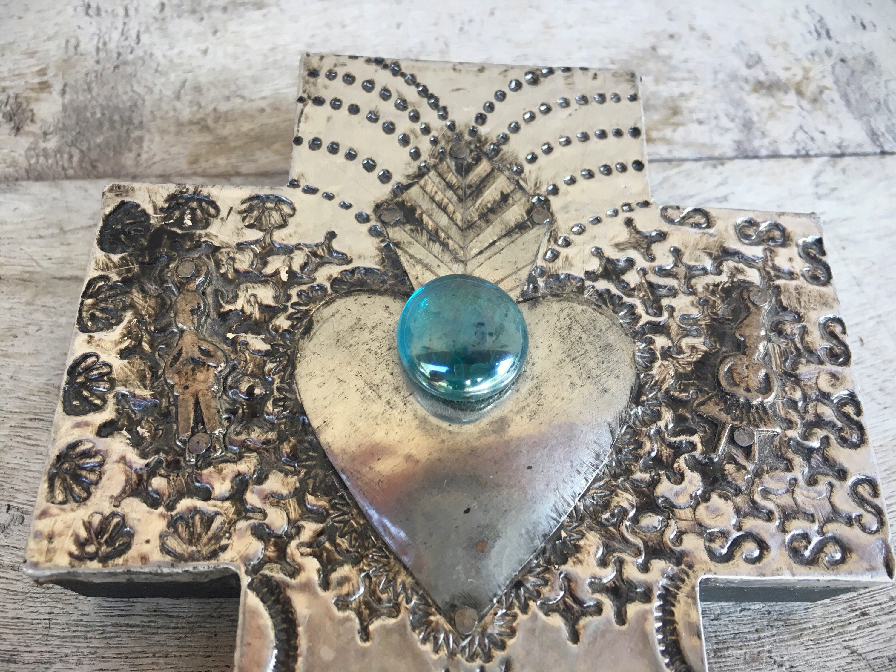 Vintage Mexican wooden milagro cross folk art amulets on tin lucky charms talisman religious art