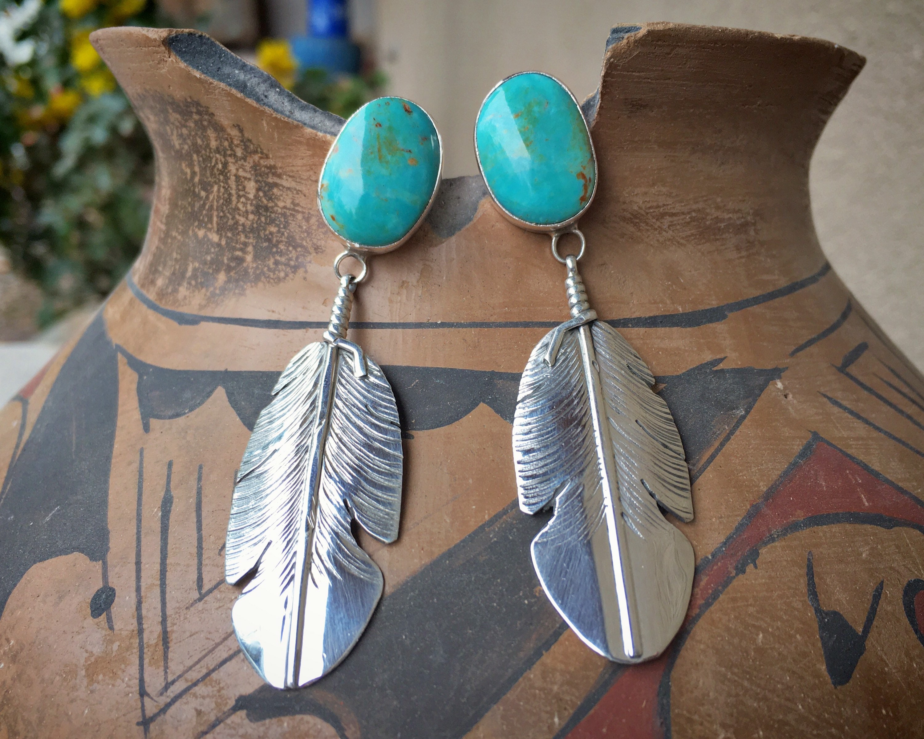 Silver feather sale earrings with turquoise