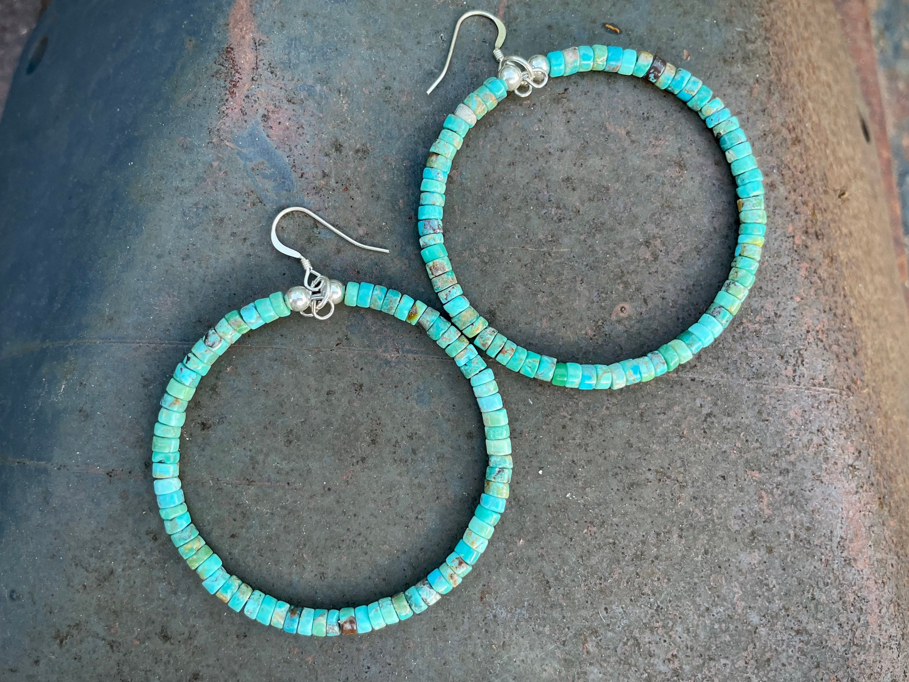 Large Turquoise Heishi Hoop Earrings for Women, Native American Indian ...