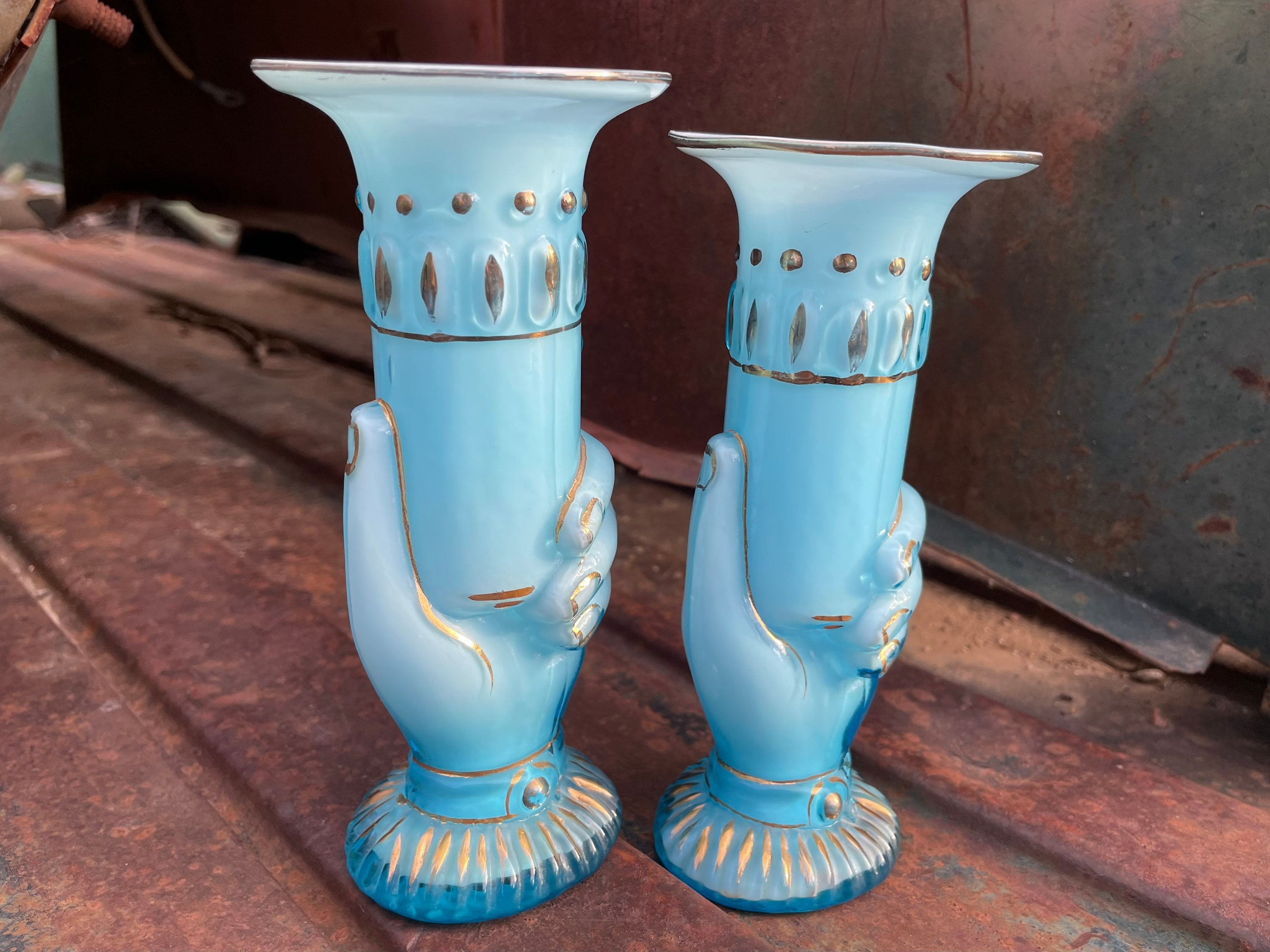 Pair of Antique Mold Blown Czechoslovakian Art Glass Hand Vases Circa