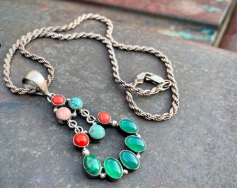 Vintage Sterling Silver Chrysoprase Multi-Stone Cluster Pendant on Chain Necklace Approx 16"