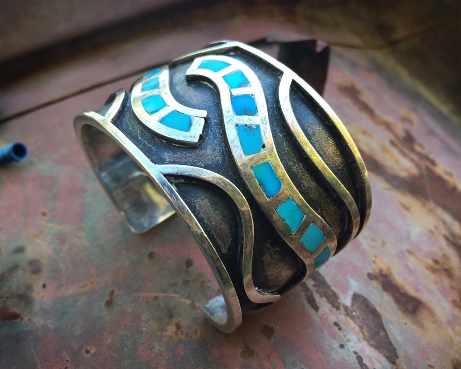 Thick Heavy Waving Turquoise Vintage Native American Navajo Sterling Silver Bracelet Thick Heavy Waving Turquoise Vintage Native American Navajo Sterling Silver Bracelet
