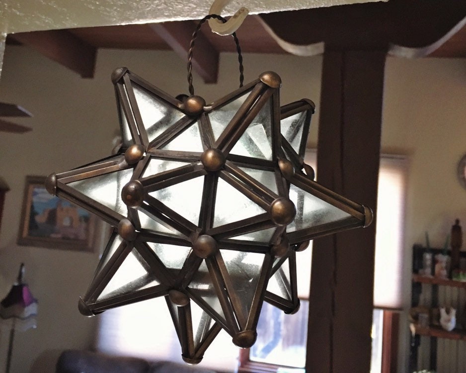 Vintage 6 Metal and Glass Star Lantern LED Candle Holder, Hanging