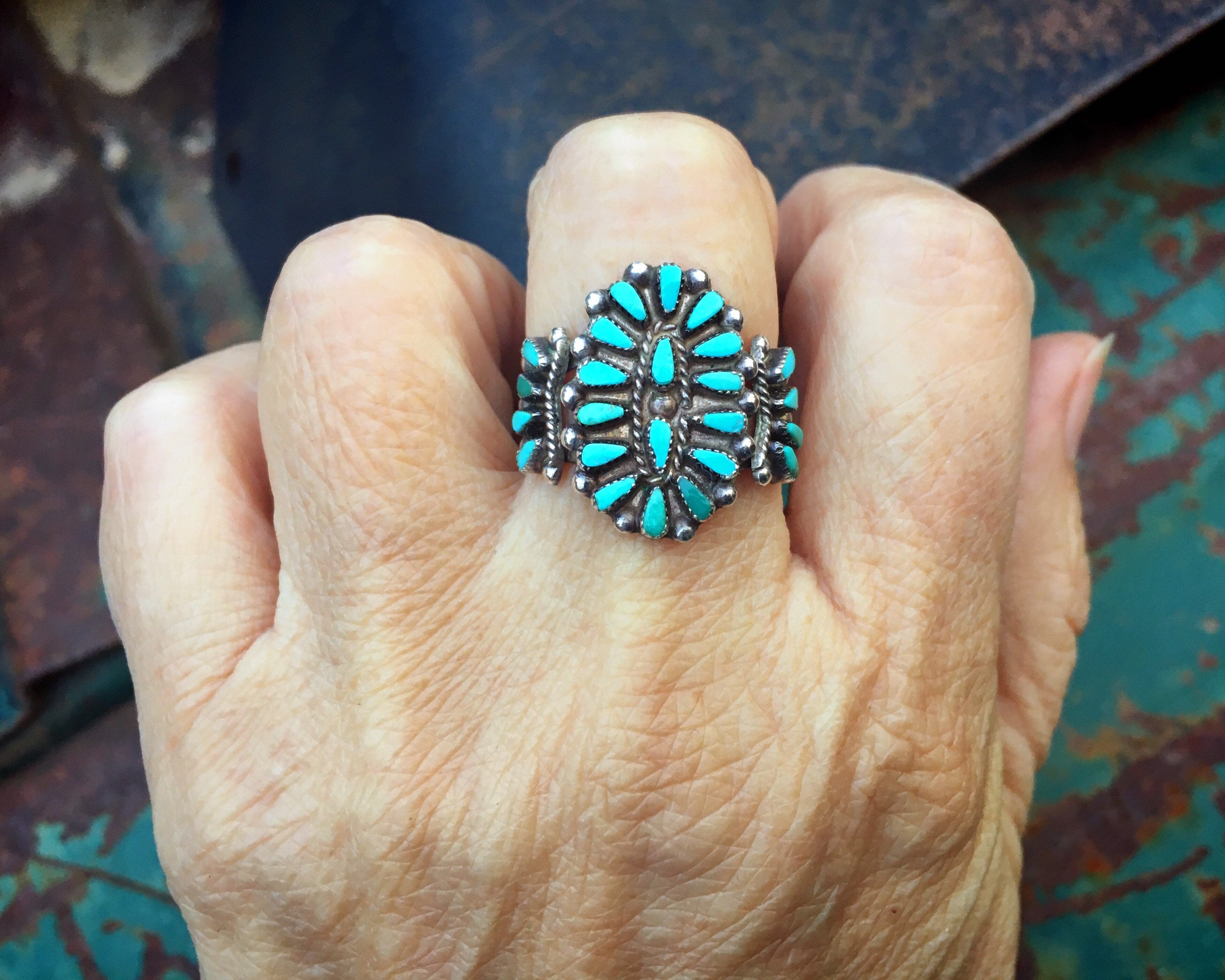 Zuni Milburn Dishta Petit Point Turquoise Ring Size 9.5, Vintage