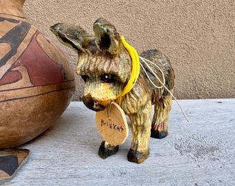 Vintage Artisan Carved Wood Donkey Statue, Unsigned Paula Dimit Rustic Realism