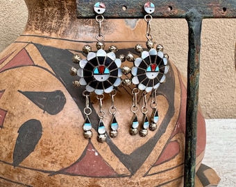 Vintage Channel Inlay Sunface Post Earrings w/ Dangles 2.75", Onyx Mother of Pearl Turquoise