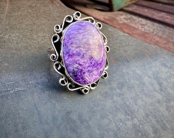 Sterling Silver Charoite Ring Approx Size 10.75 by Navajo Me'Dru Nelson