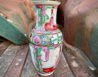 Vintage Famille Rose Chinese Porcelain Vase with Floral Design, Pink Yellow Hand Painted