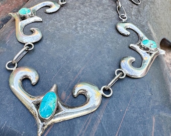 Navajo Sandcast Silver Turquoise Necklace with Handmade Link Chain Approx 21", Native American