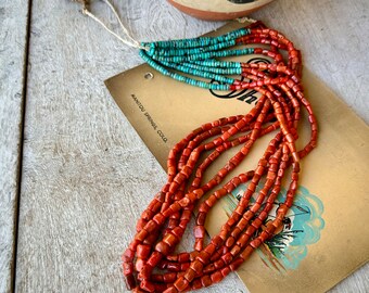 Vintage 5-Strand Mediterranean Coral & Turquoise Heishi Bead Necklace 32" Over-the-Head Closure