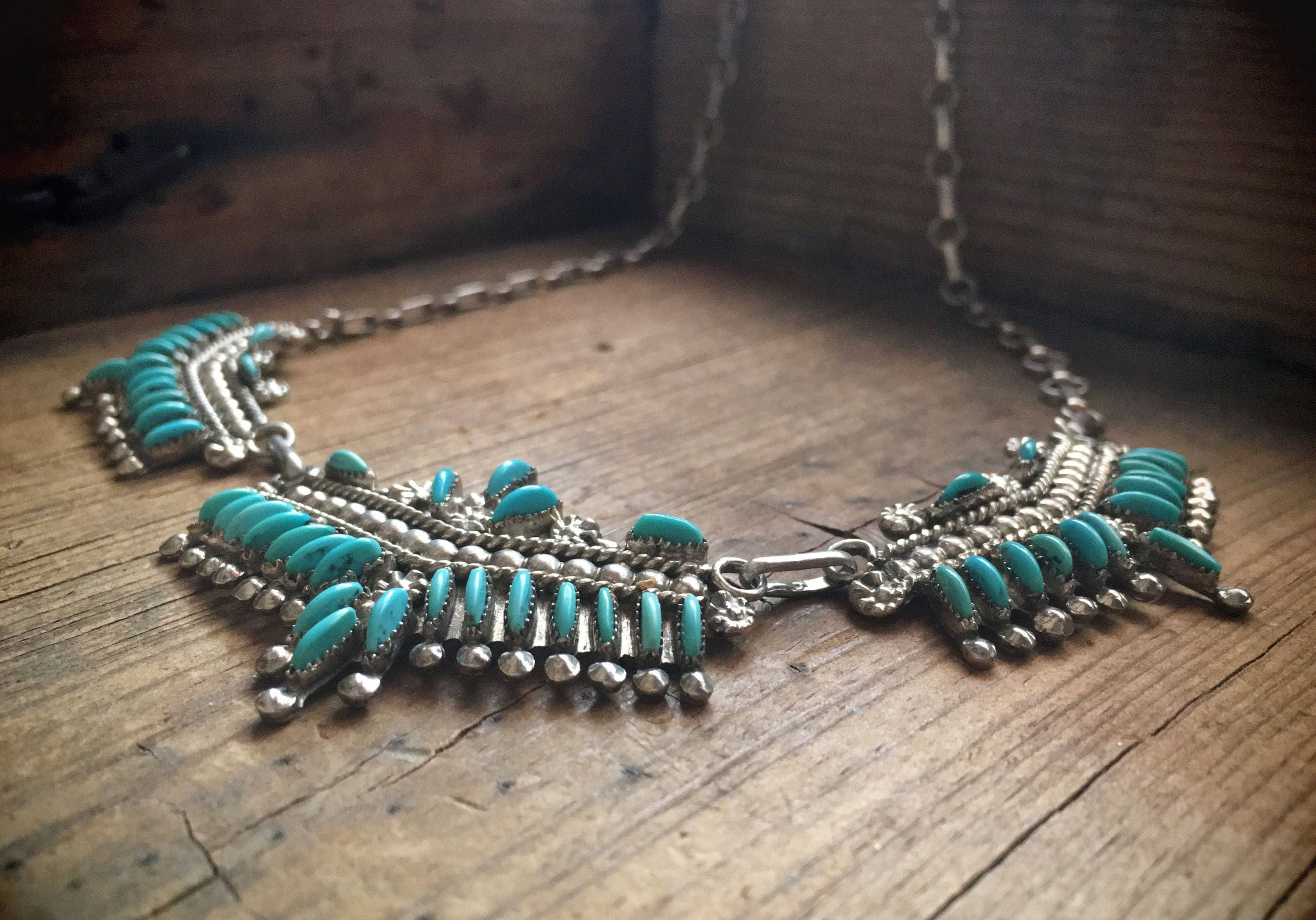 Zuni Jewelry Sterling Silver Turquoise Necklace, Native American Indian