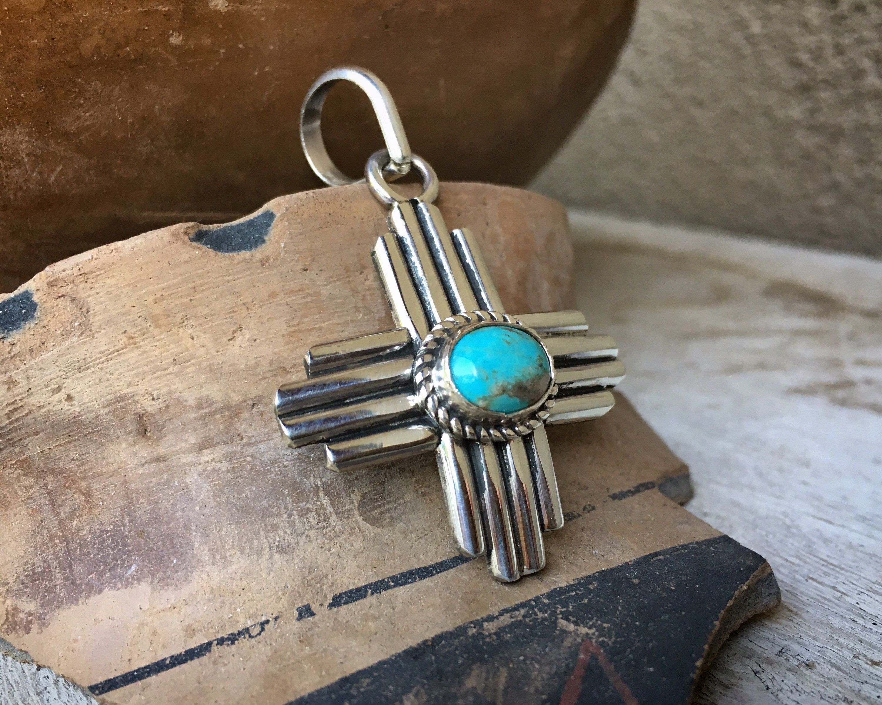 Sterling Silver and Turquoise Zia Pendant for Necklace, Native America