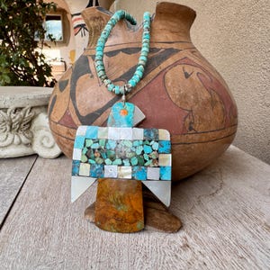 Santo Domingo Joel Pajarito Very Large Thunderbird Pendant 3" W x 3.75" T on Heishi Necklace 18"