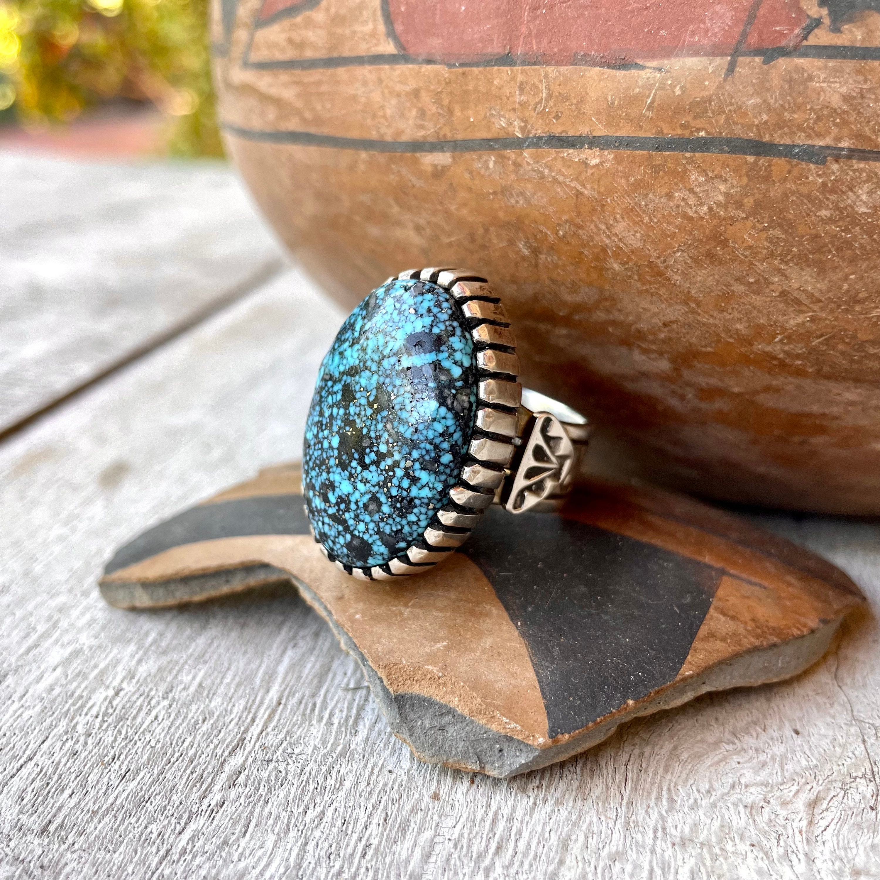 Navajo Landon Secatero Turquoise Oval Signet Ring Size 10.5