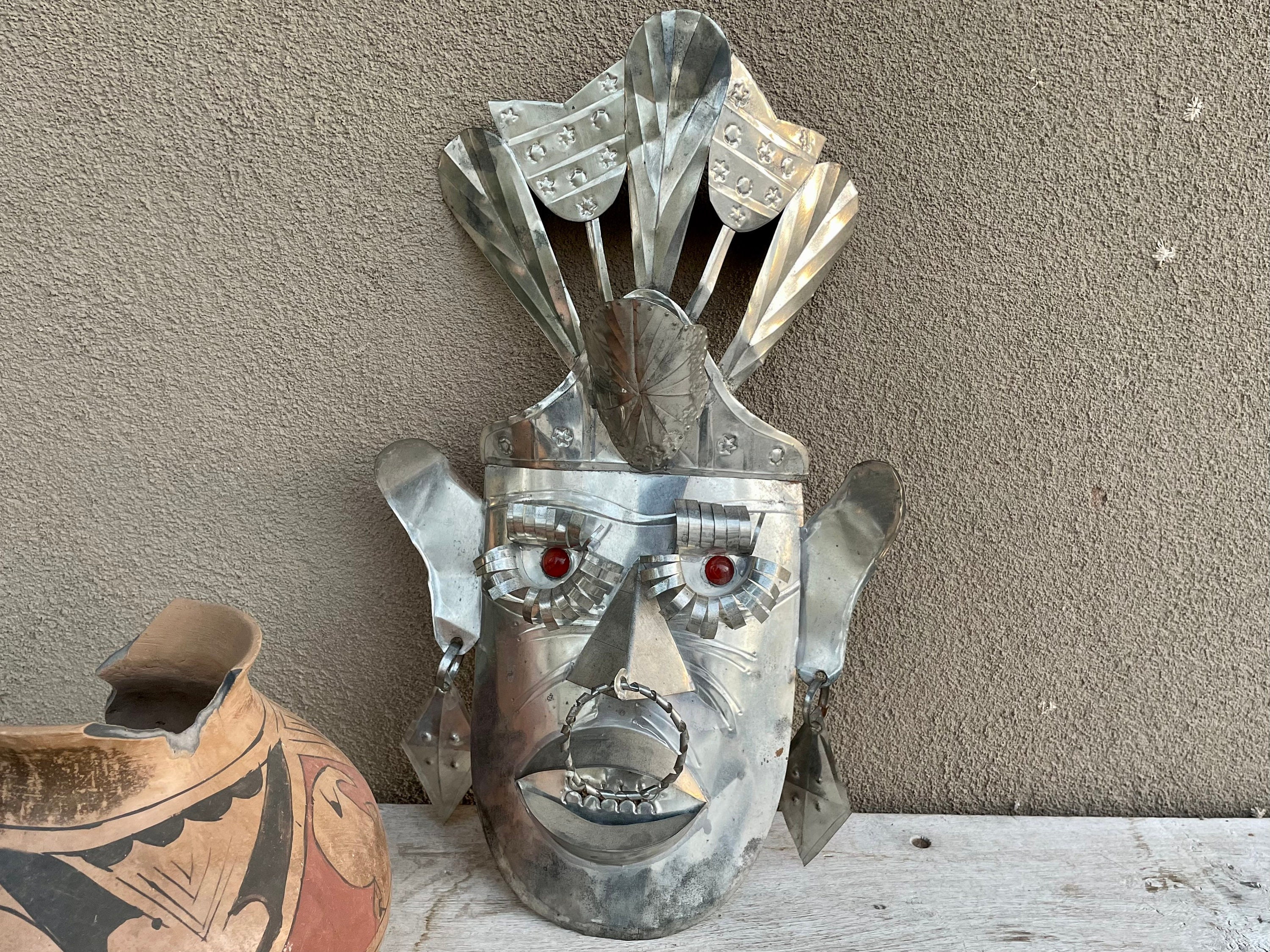 Large 1960s Tin Tourist Mask from Taxco of Mayan or Aztec Face Wall