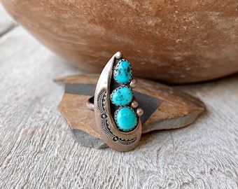 Vintage Navajo Ray Morton (aka "Whirling Wind") Sterling Silver Turquoise Shadowbox Ring Approx Size 4.5, Native American Indian Jewelry