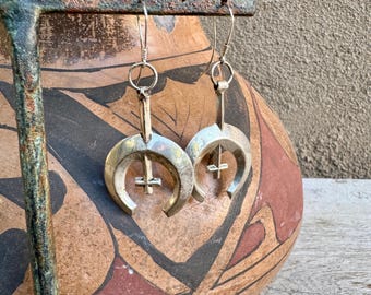 Vintage Silver Sandcast Naja Earrings, Cross in Center, New Sterling Ear Wires