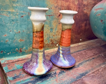 Pair of Hanselmann Pottery Candlestick Holders, 6.25" Tall, Earthtone Colors