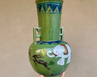 Vintage Green Crackle \Porcelain Vase Elephant Design, Made in Japan, Double-Handled Deco Style