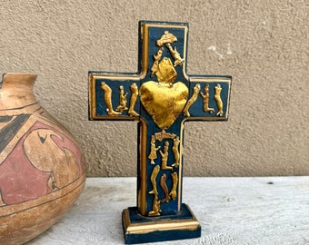 Distressed Vintage Mexican Milagro Cross on Stand w/ "Miracle" Charms Amulets, Altar Art