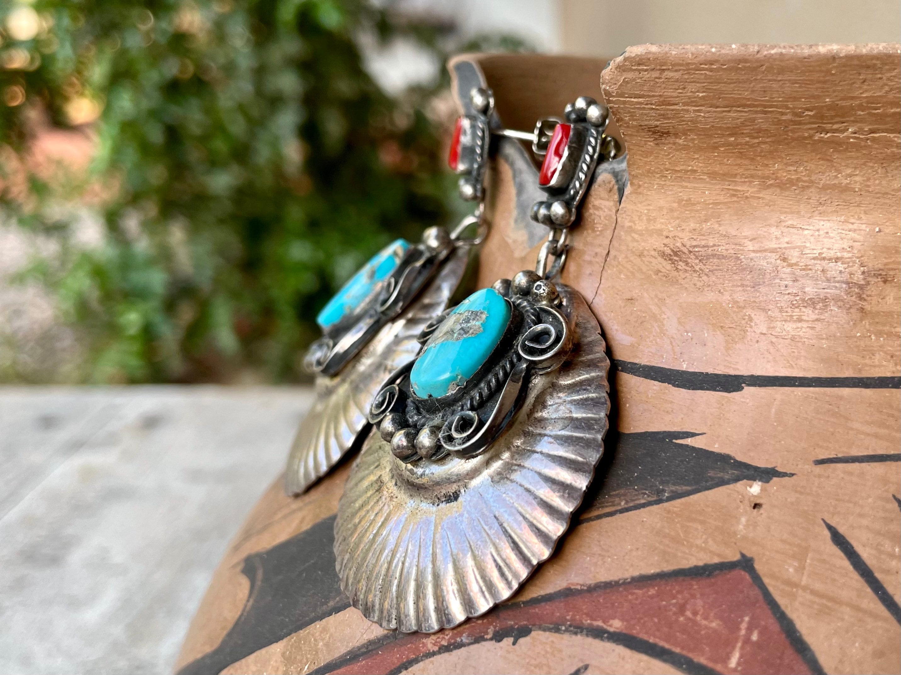 Vintage Upcycled Turquoise and Red Coral Dangle Earrings for Women