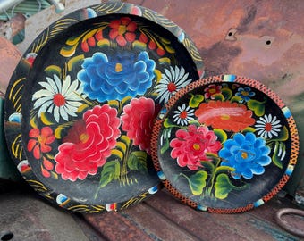 Two Mexican Bateas Hand Painted Wood Plate Wall Hangings, Vintage & Distressed, Both Included