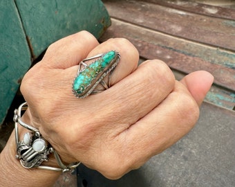 Vintage Rough Matrixed Turquoise Ring Approx Size 7, Native American Indian Navajo Jewelry