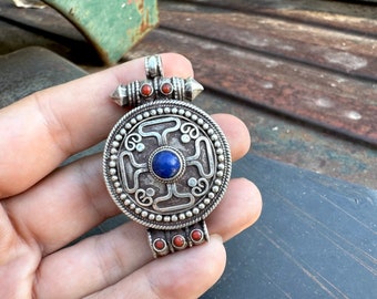 Vintage Sterling Silver Tibetan Gau Trinket Box Pendant w/ Lapis and Coral, Bottom Tube Off Kilter
