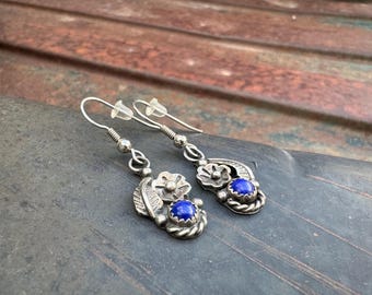 Vintage Navajo Small Blue Lapis Lazuli Sterling Silver Dangle Earrings, Native American Jewelry