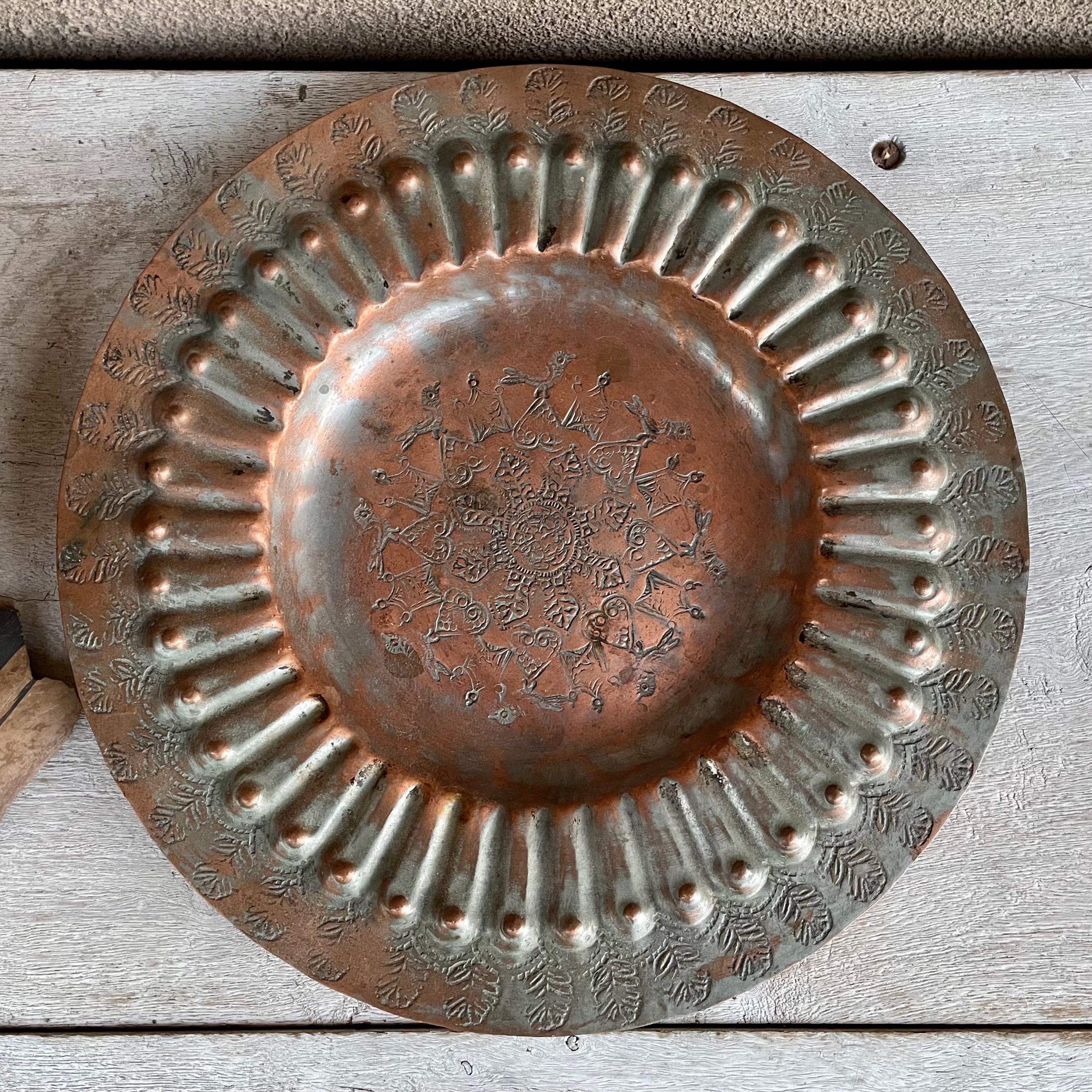 Vintage Hand Stamped Repousse Copper Plate 11 Diameter with Bird Designs,  Possibly Egyptian Made