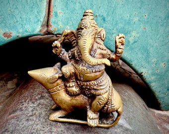 Vintage Small Solid Brass Lord Ganesha Riding Mouse Mushika Figurine, Spiritual Altar