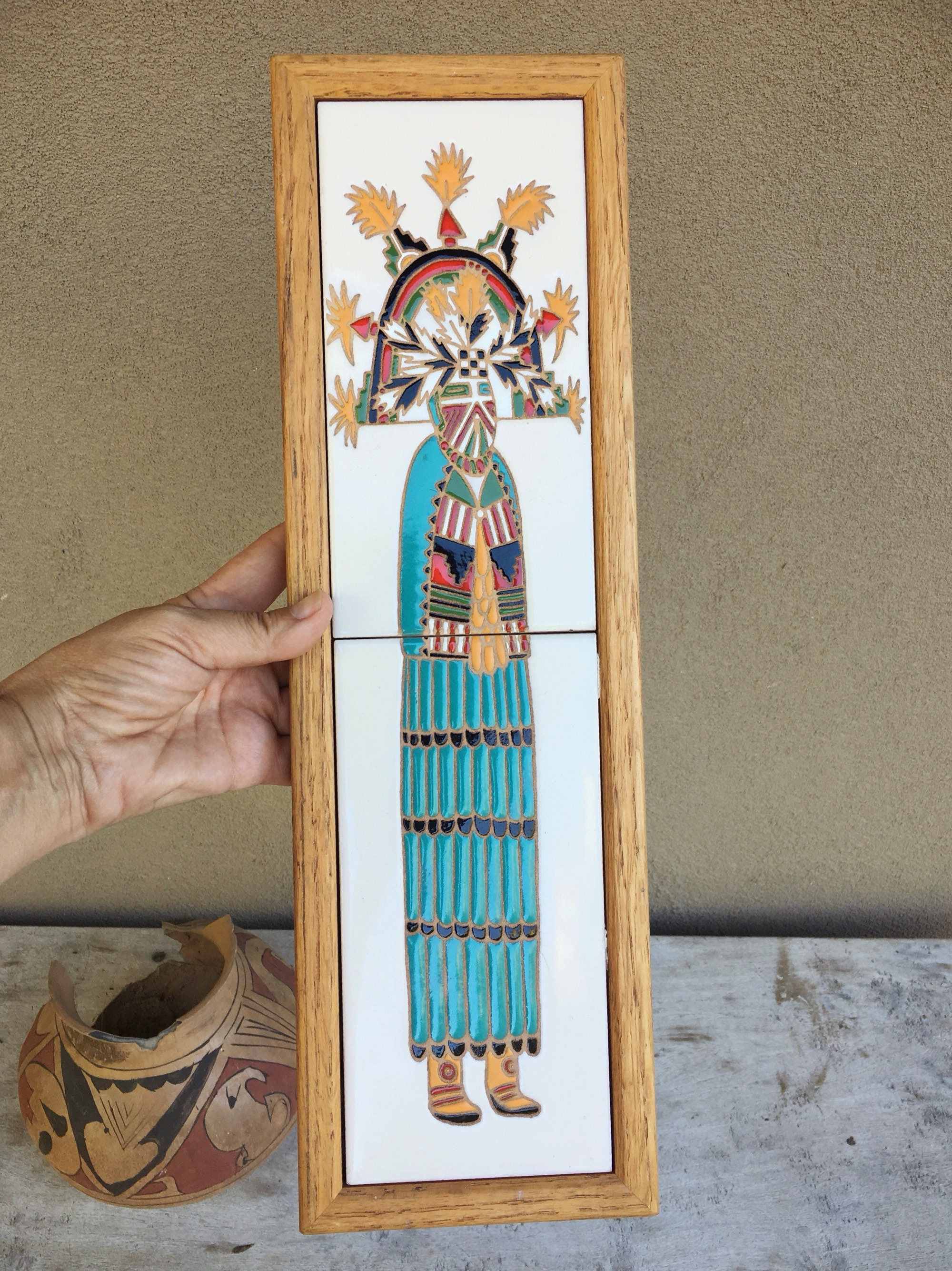 Framed Kachina Ceramic Tile Narrow Wall Hanging