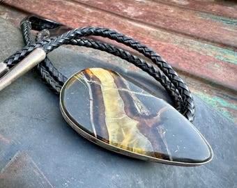 Hopi Bennard Dallasvuyaoma Huge Petrified Wood Bolo Tie w/ Heavy Sterling Silver Tips