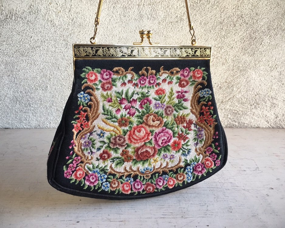 Vintage Petit Point Purse Tapestry Clutch Handbag with Floral Design ...