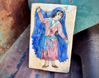 Antique Middle Eastern Pottery Tile Lady with Blue Headdress, Qajar Dynasty Iznik Style