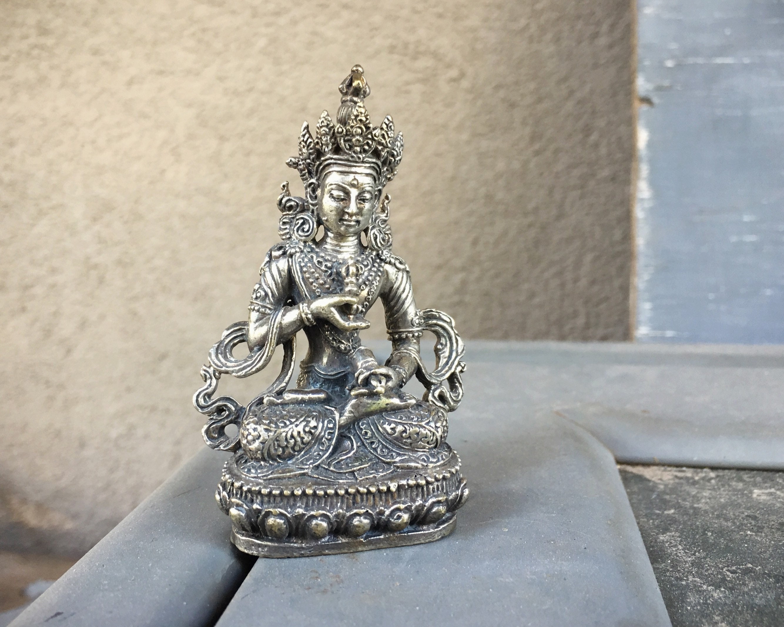 Small Silver Tone Buddha Figurine, Tiny Buddha Statue, Good Luck