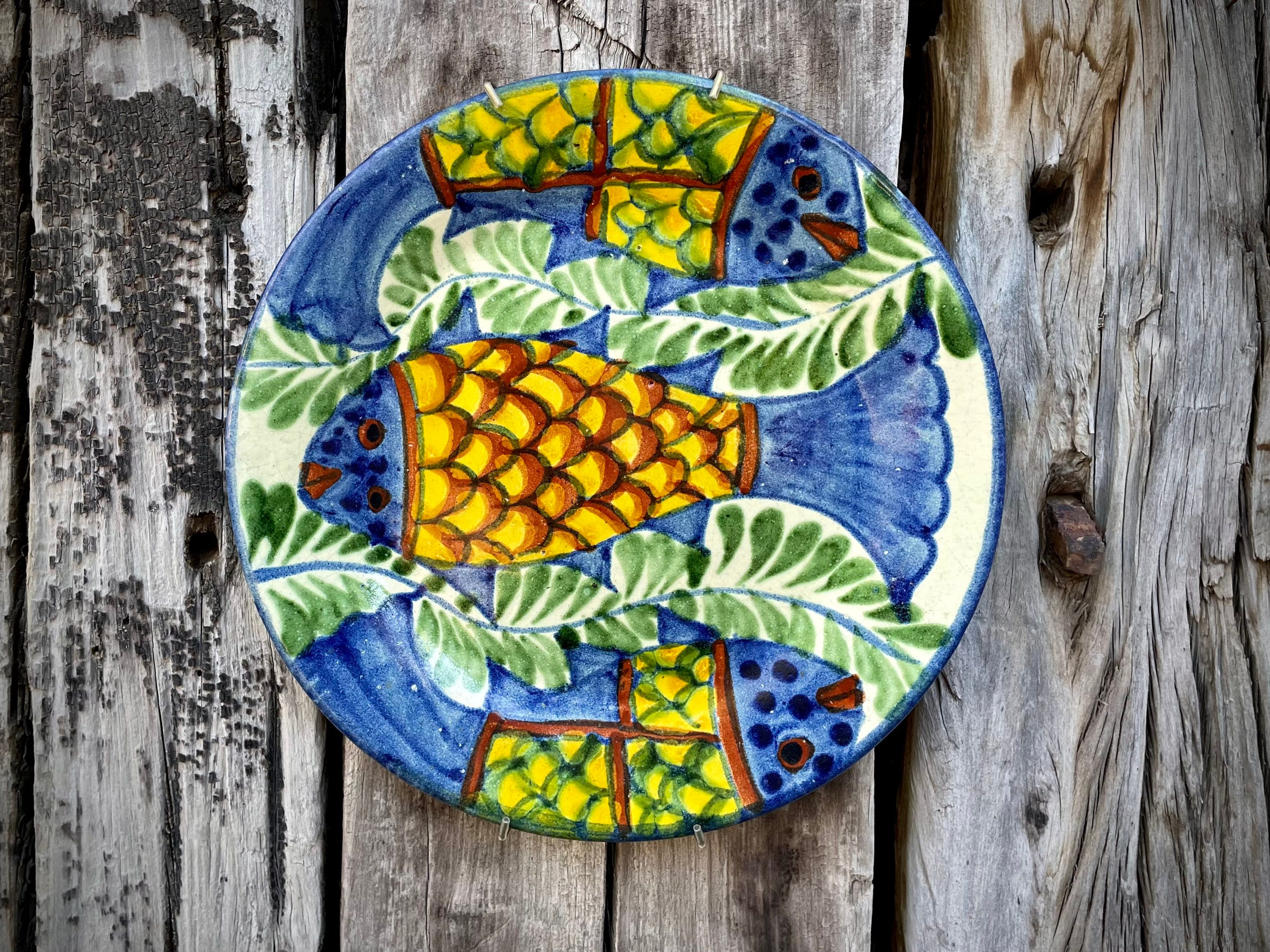 Vintage Talavera Plate with Fish Design and Wall Hanger, Mexican