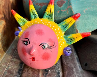 Vintage Mexican Folk Art Lady Mask Coconut Shell Wall Hanging, Pink Green Yellow, Wild Hair