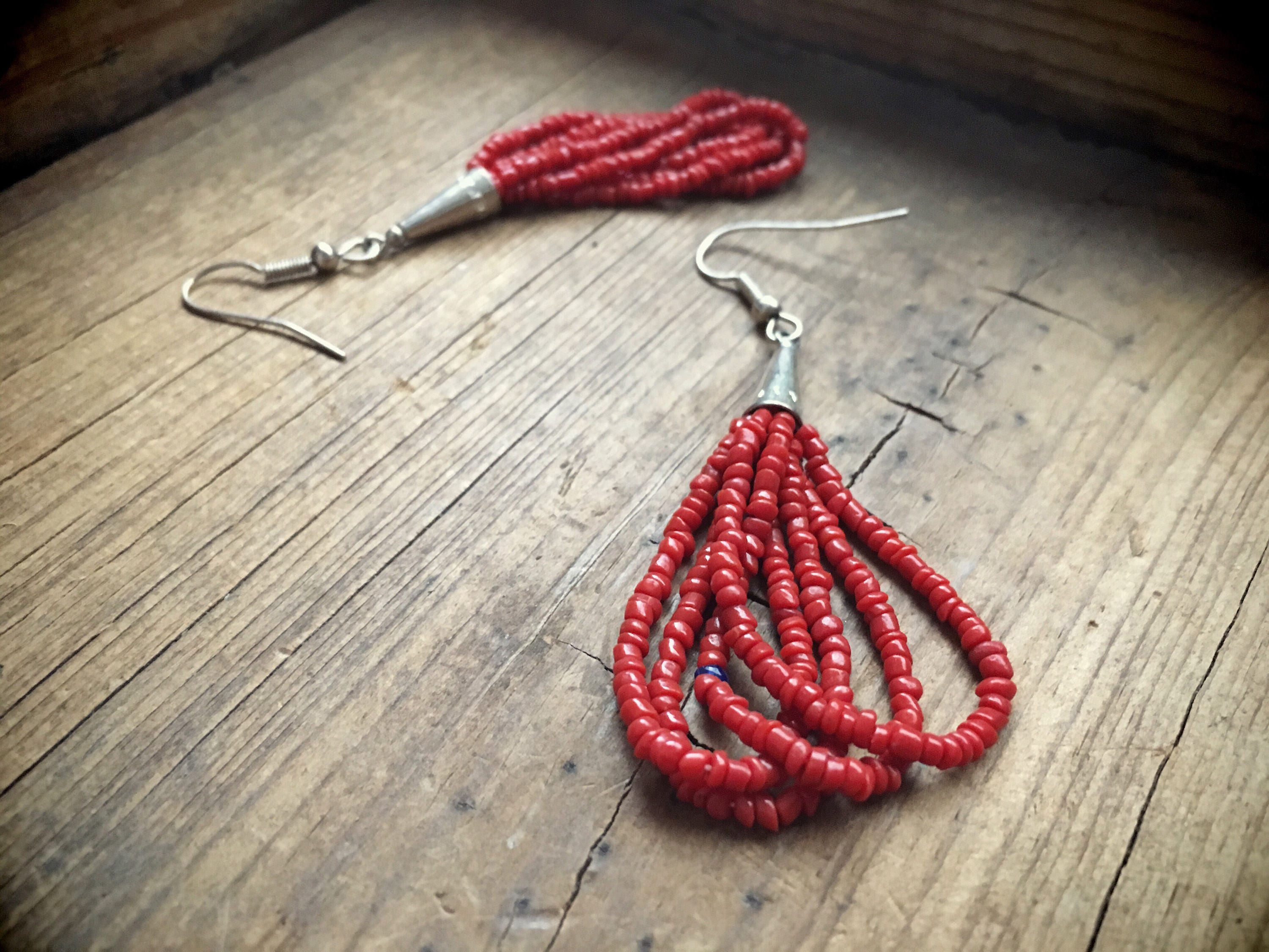 Vintage Silver Coral Seed Bead Multi Strand Hoop Earrings Bohemian Jewelry