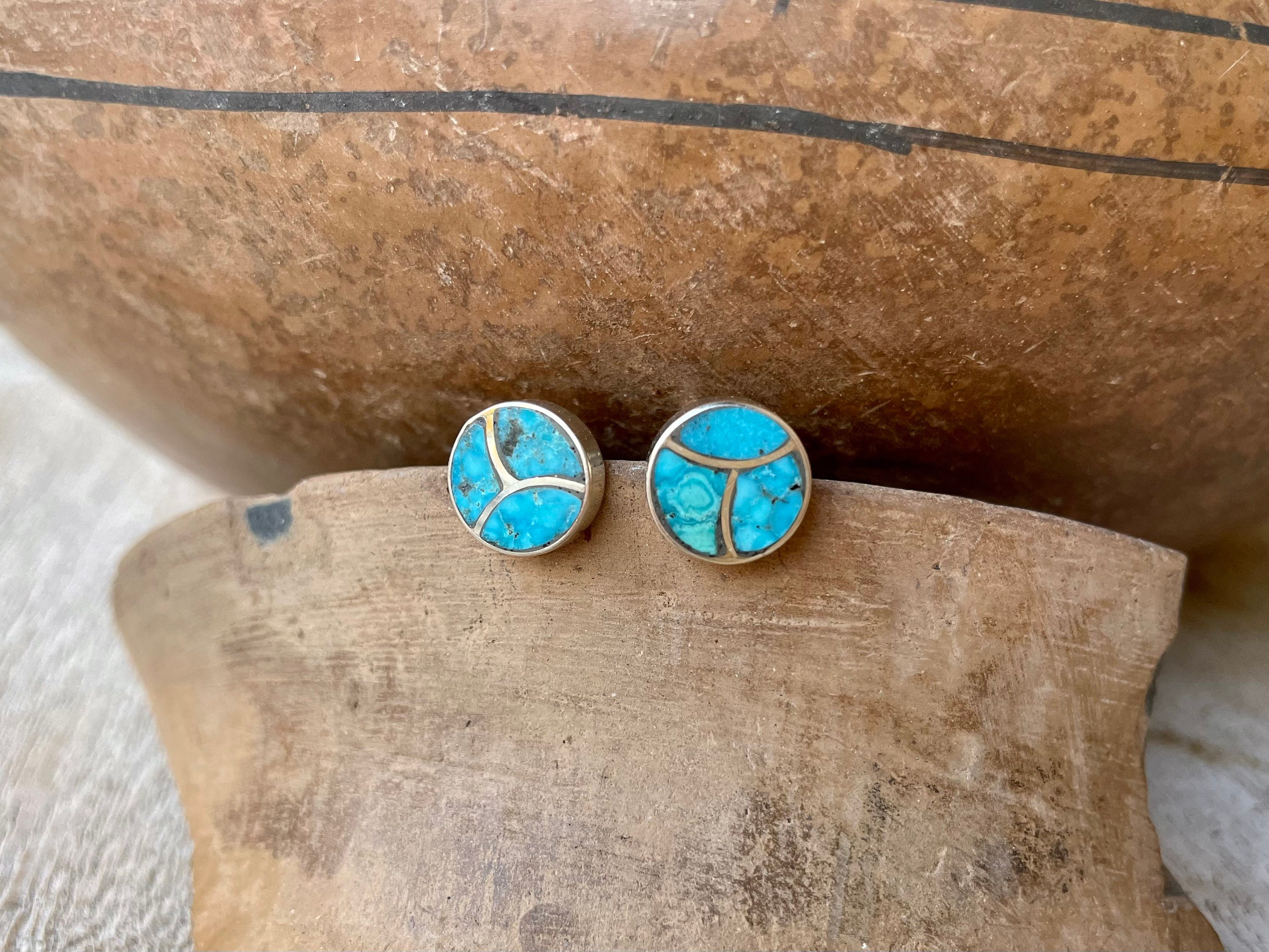 Small Turquoise Inlay Post Earrings by Zuni B. Haloo, Native American ...