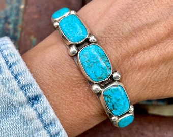 Vintage Five Stone Turquoise Sterling Silver Cuff Bracelet Size 6.5 Wrist, Navajo Jewelry