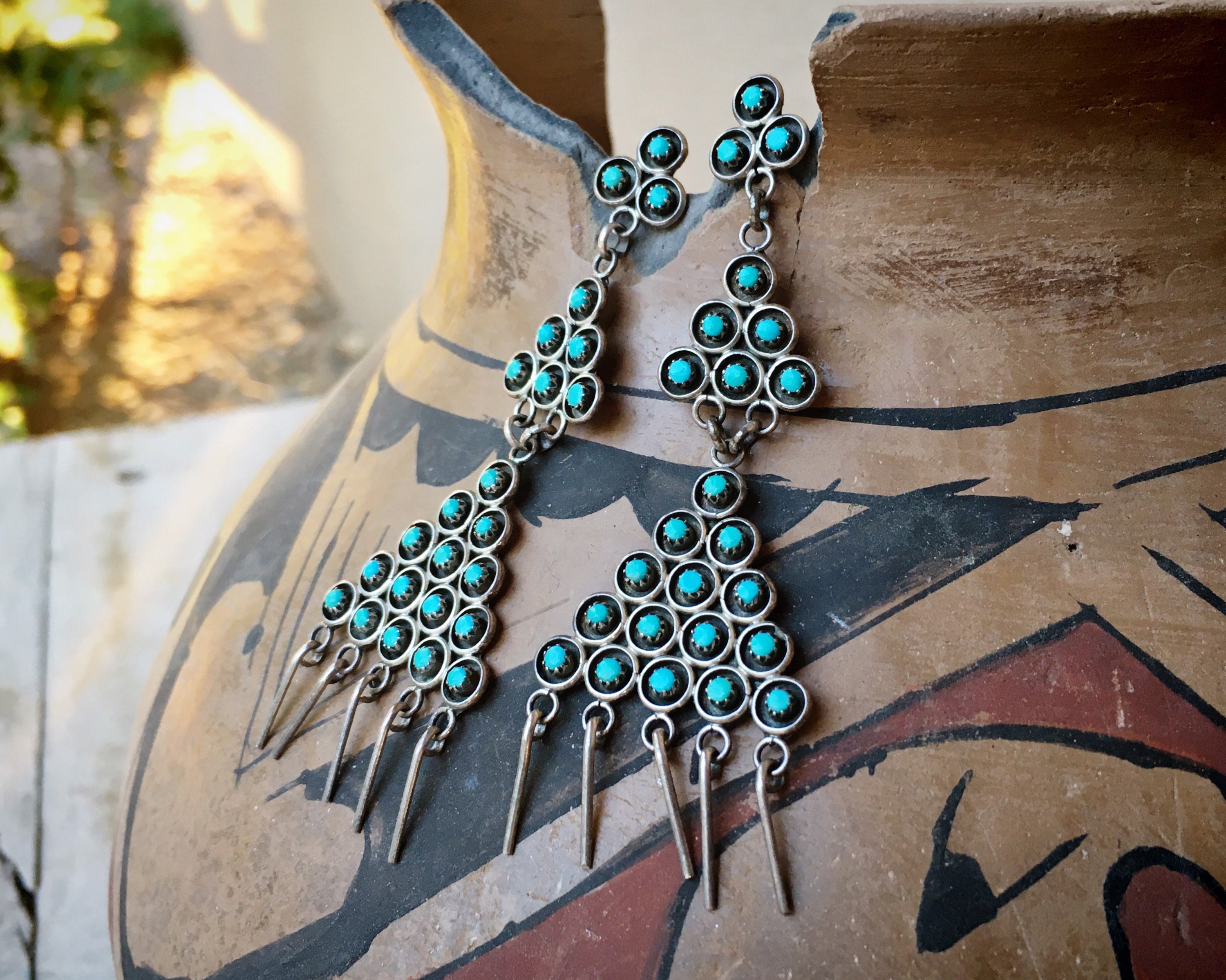 Zuni Snake Eye Turquoise Chandelier Earrings for Women, Vintage Native