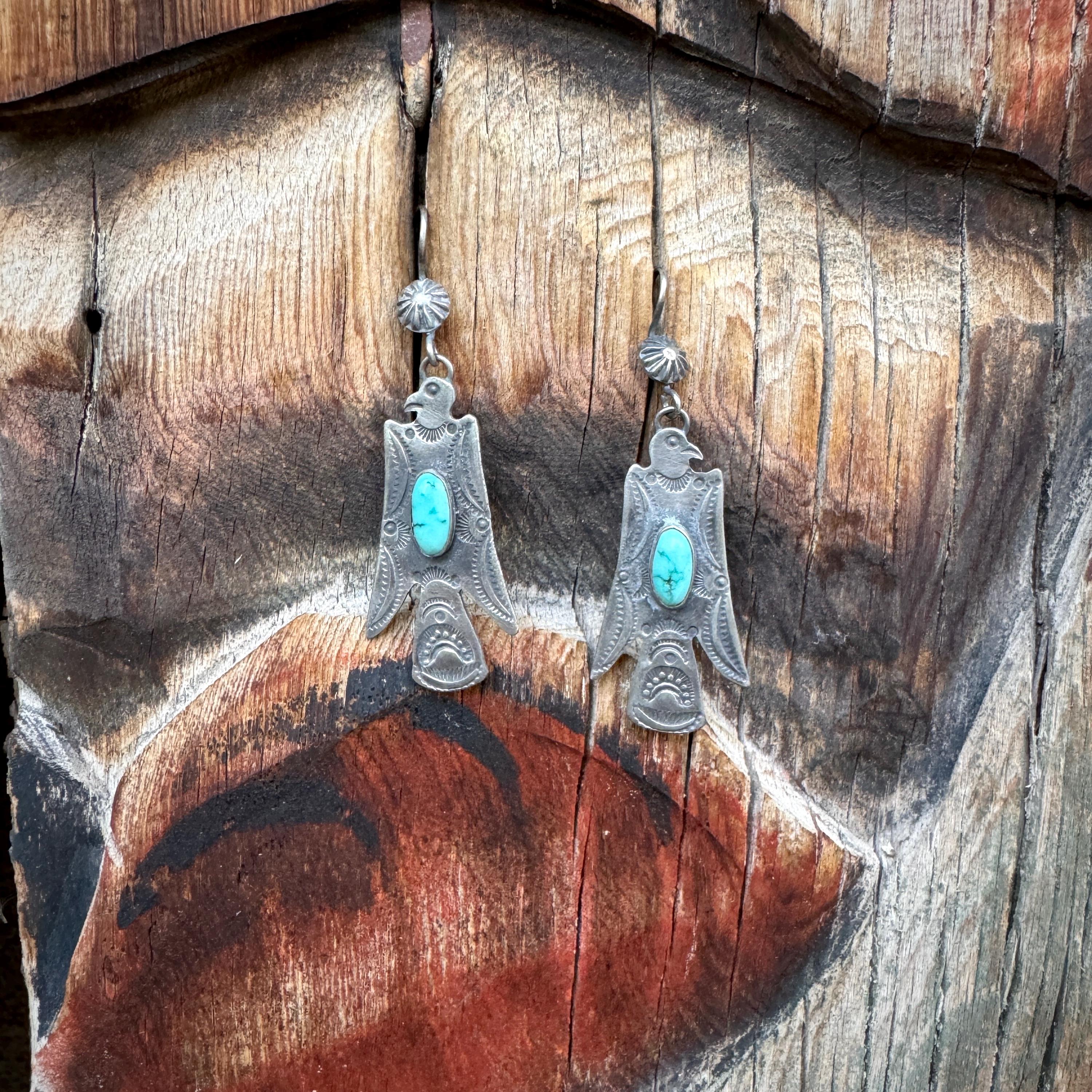 Vintage Thunderbird Earrings in Fred Harvey Style, Navajo