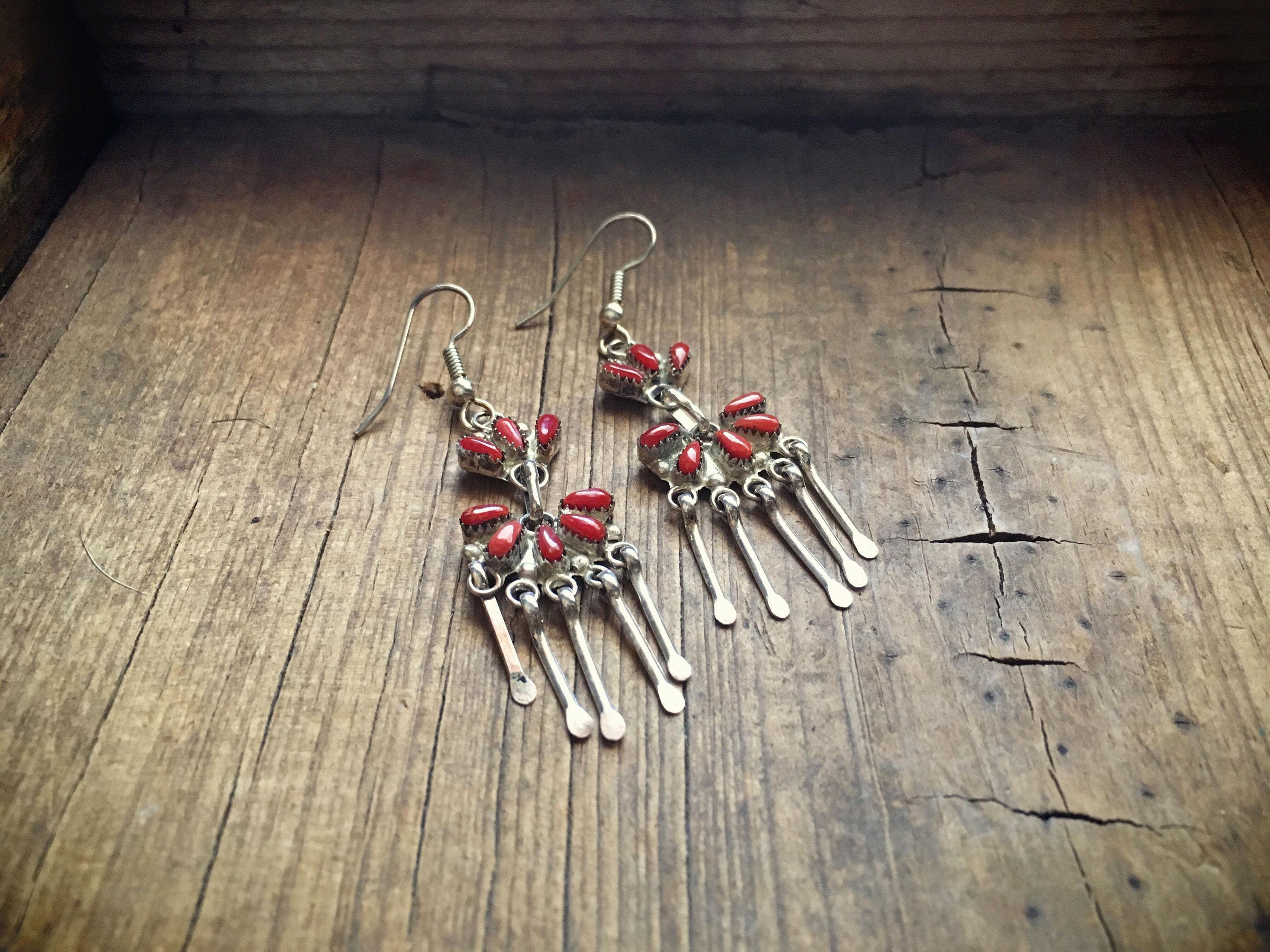 Huge Vintage Native American Zuni Needlepoint Coral Sterling Silver Chandelier Earrings Huge Vintage Native American Zuni Needlepoint Coral Sterling Silver Chandelier Earrings